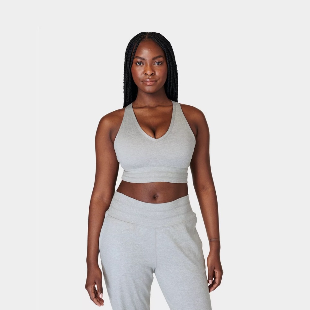 Sweaty Betty Gaia Yoga Bra, Size S, in Light Grey Marl
